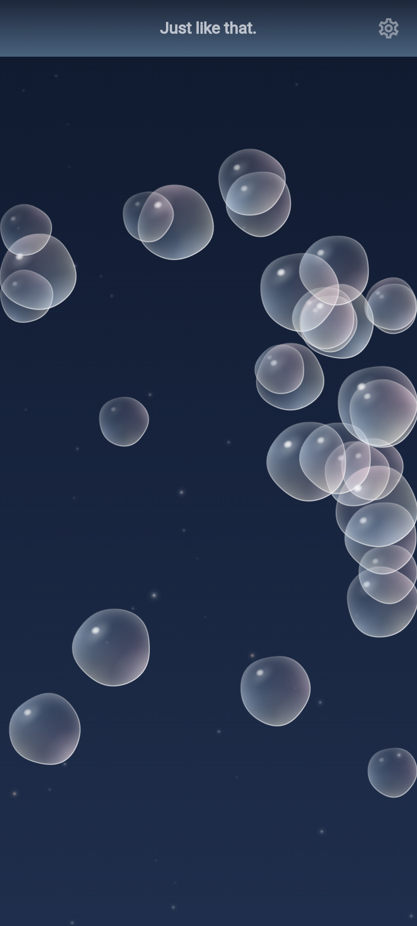 The bubble field drifting over a night sky, with a phrase in the top bar.