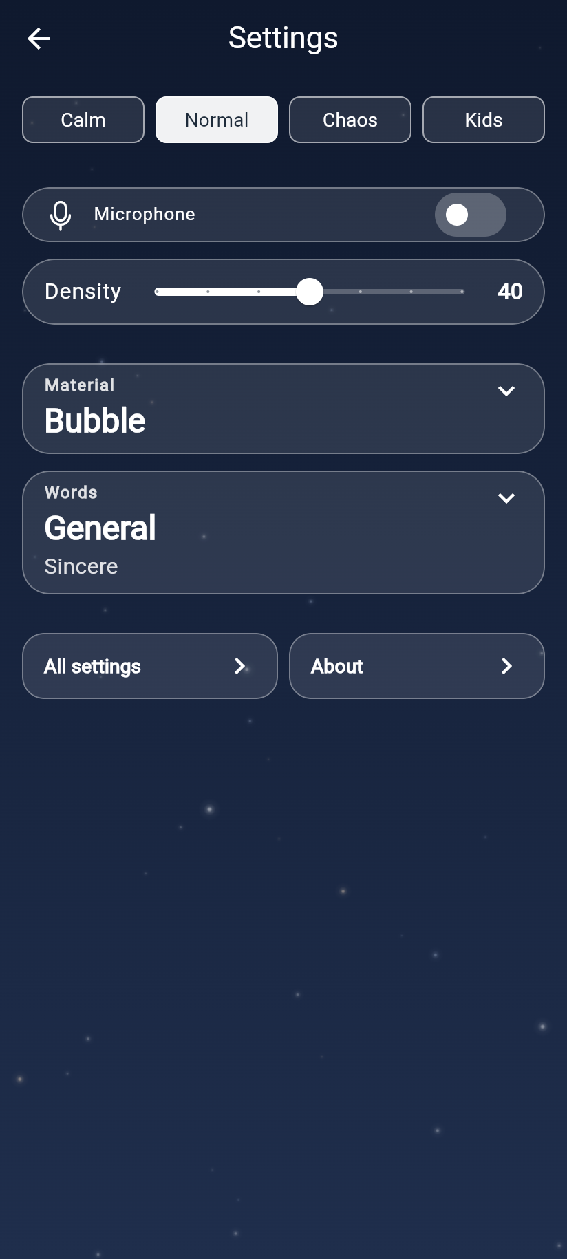 The settings screen with the four mood chips at the top.
